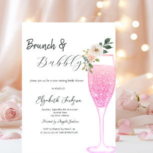 Pink Champagne Glass Flower Brunch & Bubbly  Invitation