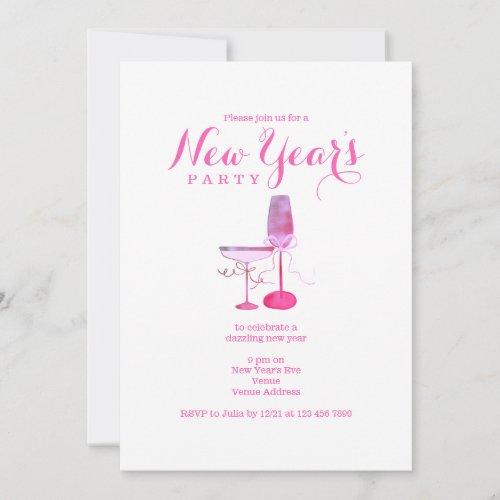 Pink Champagne Glass New Years Eve Dinner Cocktail Invitation