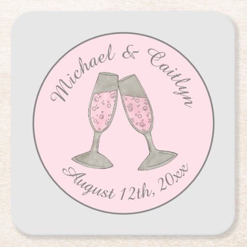 Pink Champagne Glasses Bridal Shower Wedding Square Paper Coaster