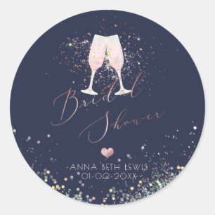 Pink Champagne Glasses, Holographic Bridal Shower Classic Round Sticker