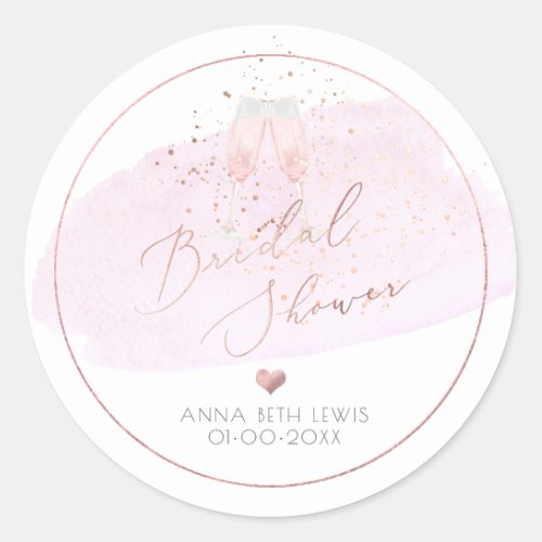 Pink Champagne Glasses Watercolor Bridal Shower Classic Round Sticker