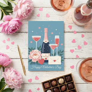 Pink Champagne Hearts Romantic Valentine's Day Holiday Card
