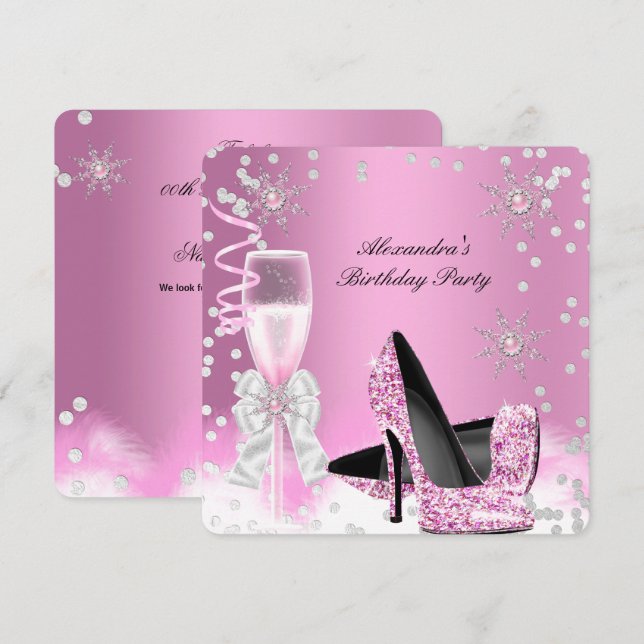 Pink Champagne High Heels Birthday Party 2 Invitation (Front/Back)
