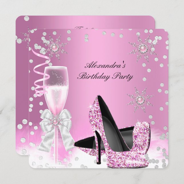 Pink Champagne High Heels Birthday Party 2 Invitation (Front/Back)