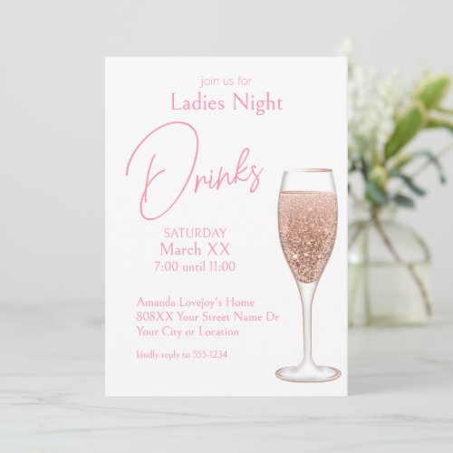 Pink Champagne Ladies Night Drinks Invitation