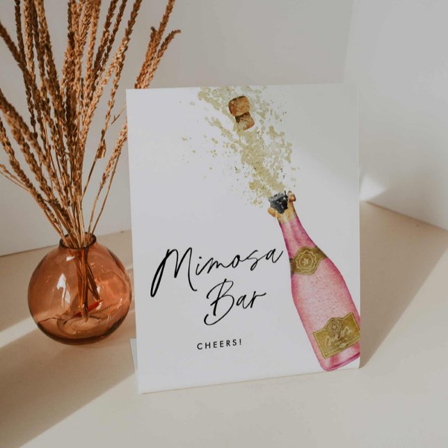 Pink Champagne Mimosa Bar Bridal Shower Pedestal Sign (Pink Champagne Mimosa Bar Sign)
