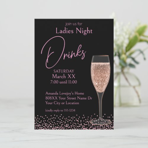Pink Champagne on Black Ladies Night Drinks Invitation