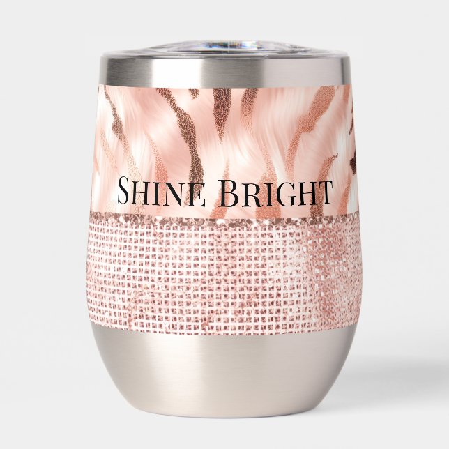 Pink Champagne Rose Glam Zebra Thermal Wine Tumbler (Front)