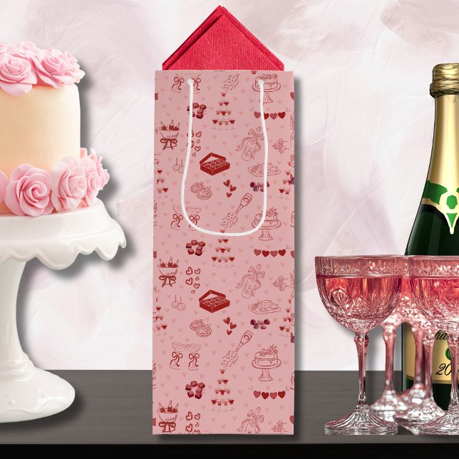 Pink Champagne Tower Galentine Doodle Pattern Wine Gift Bag (Creator Uploaded)