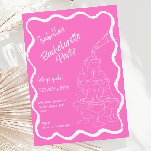 Pink Champagne Tower Hand Drawn Bachelorette Party Invitation