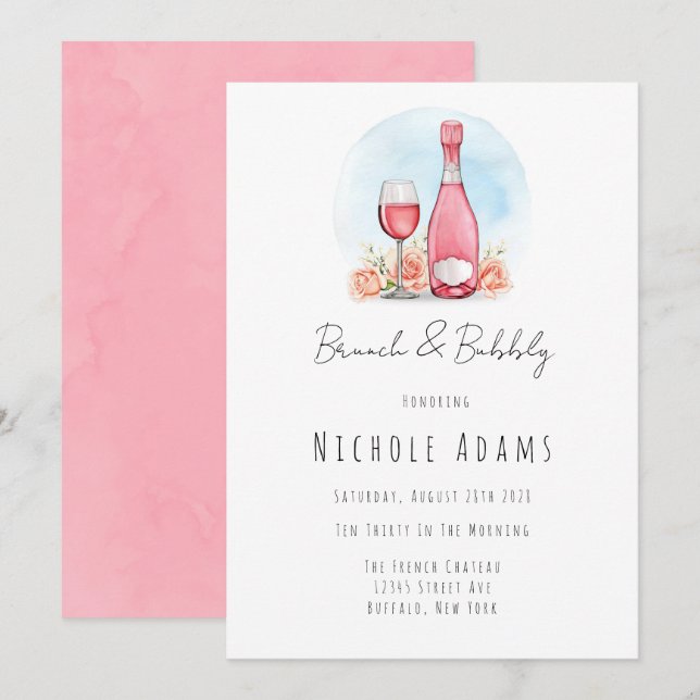 Pink Champagne Watercolor Brunch and Bubbly Invitation (Front/Back)