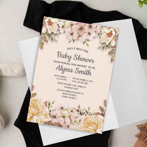 Pink Champagne White Floral Shower Invitation