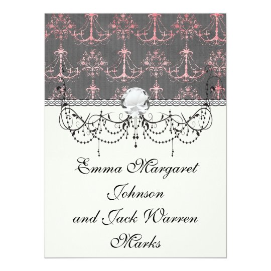 pink chandelier damask on deep gray card