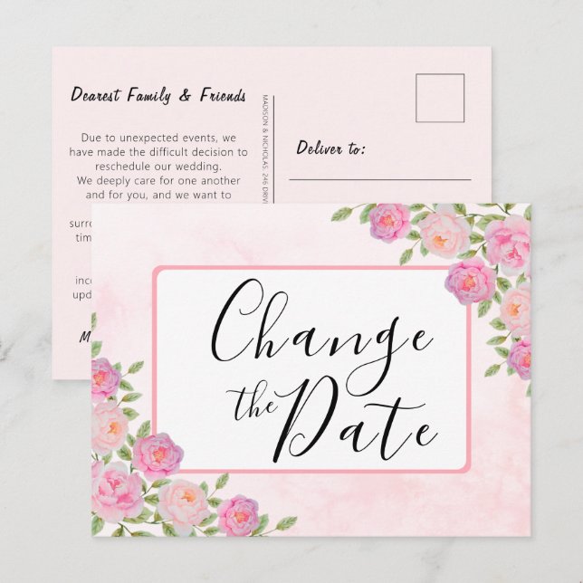 Pink Change the Date Postponed Event Announcement  Postcard (Front/Back)