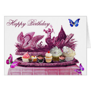 PINK CHARIOT OF SWANS AND CUPCAKES HAPPY BIRTHDAY CARDS