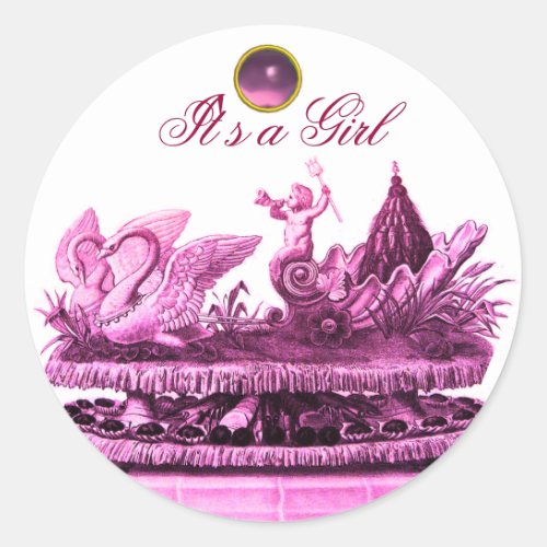 PINK CHARIOT OF SWANS CUPCAKES GIRL BABY SHOWER CLASSIC ROUND STICKER