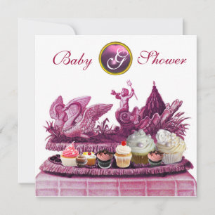 PINK CHARIOT OF SWANS / CUPCAKES GIRL BABY SHOWER INVITATION
