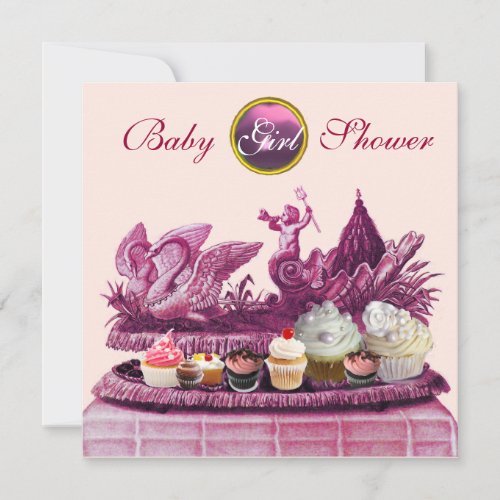 PINK CHARIOT OF SWANS  CUPCAKES GIRL BABY SHOWER INVITATION