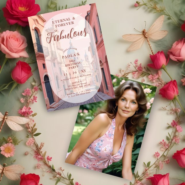 Pink Charming Ancient Cityscape Oval Translucent Invitation (Pink Charming Ancient Cityscape 50th Birthday Invitation Card with Oval Translucent Overlay. )