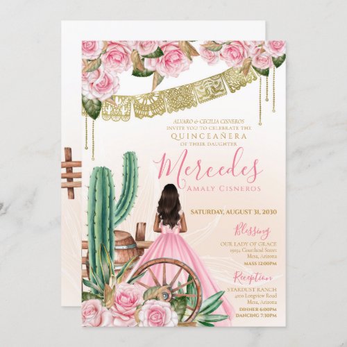 Pink Charro Western Beautiful Cacti Roses Quince Invitation