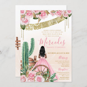 Pink Charro Western Floral Beautiful Cacti Quince Invitation