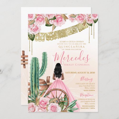 Pink Charro Western Floral Beautiful Cacti Quince Invitation
