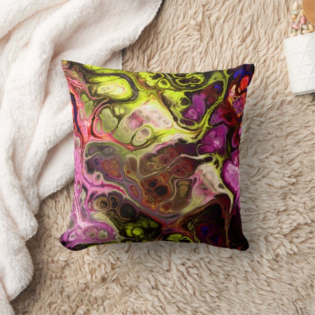 Pink, chartreuse, purple abstract tie dye marble throw pillow Zazzle
