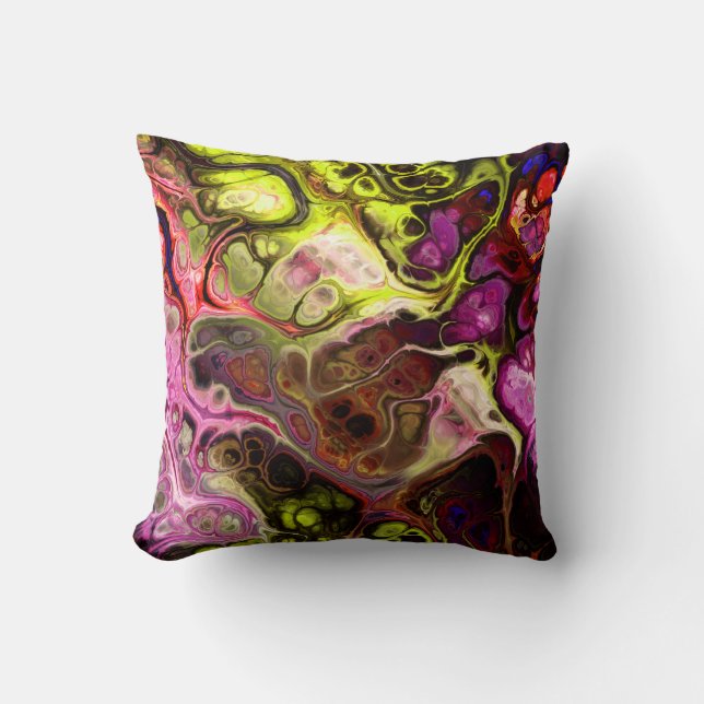 Pink, chartreuse, purple abstract tie dye marble throw pillow (Front)