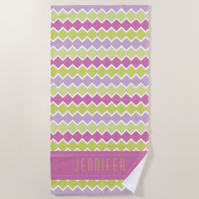 Pink Chartreuse Yellow Geometric Pattern Name Beach Towel (Front)