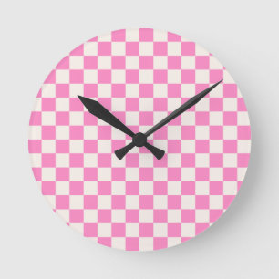 Pink Check, Checkerboard Pattern, Checkered Round Clock