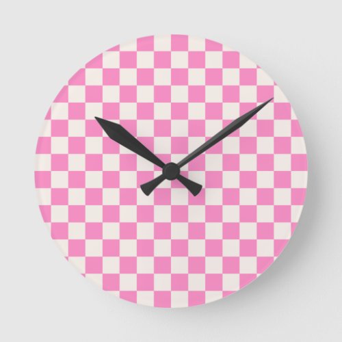 Pink Check Checkerboard Pattern Checkered Round Clock