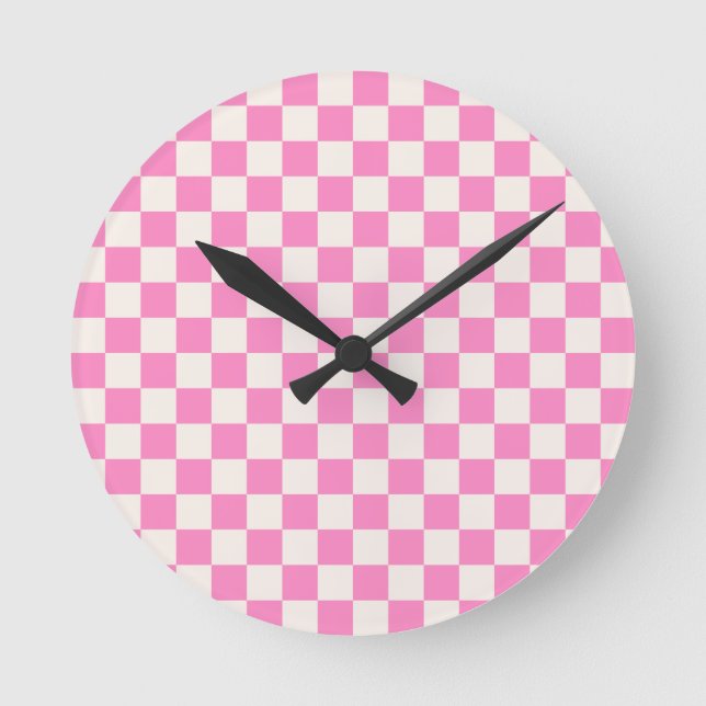 Pink Check, Checkerboard Pattern, Checkered Round Clock (Front)