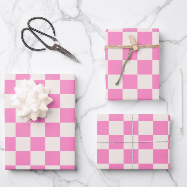 Pink Check, Checkerboard Pattern, Checkered Wrapping Paper Sheets (Front)