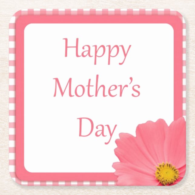 Pink Check Floral Mothers Day Square Paper Coaster (Front)