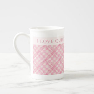 PINK CHECK QUILT Bone China Mug + Text / Blush
