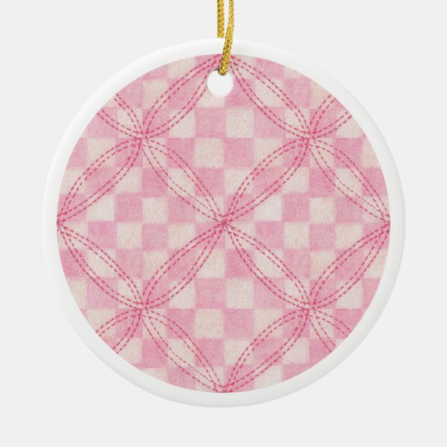 PINK CHECK QUILT Ceramic Circle Ornament (Front)