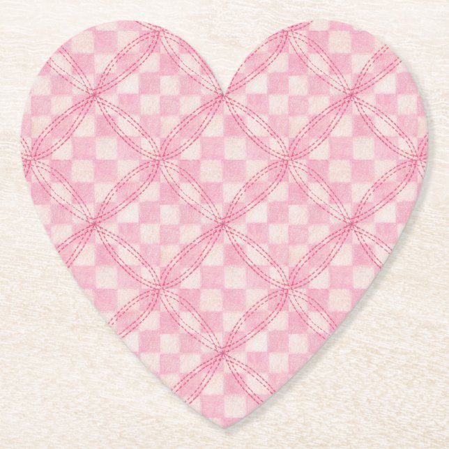 PINK CHECK QUILT Heart Paper Coasters (Front)