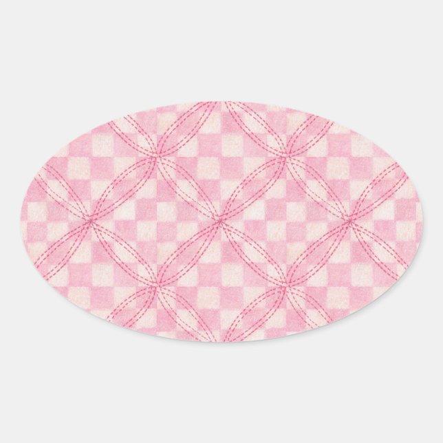 PINK CHECK QUILT Oval Stickers (Front)