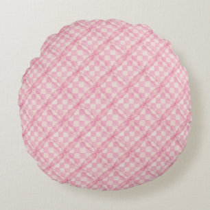 PINK CHECK QUILT Round Throw Pillow 