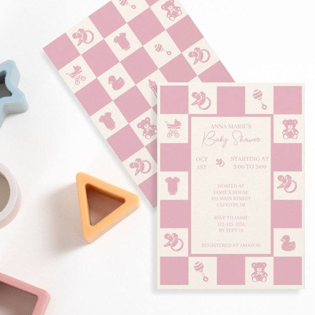 Pink Checked Baby Shower Invitation (Creator Uploaded)