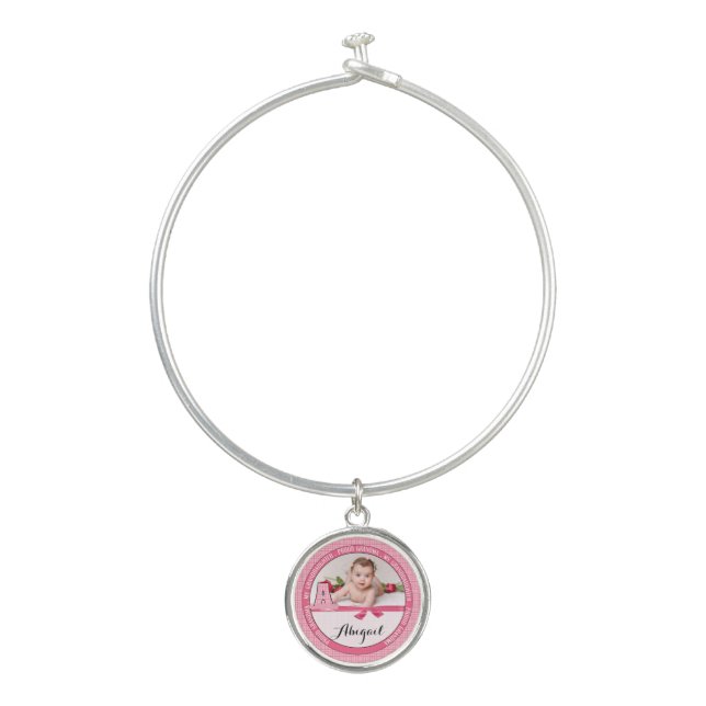 Pink Checked Letter A Proud Grandma Photo Bangle Bracelet (Front)