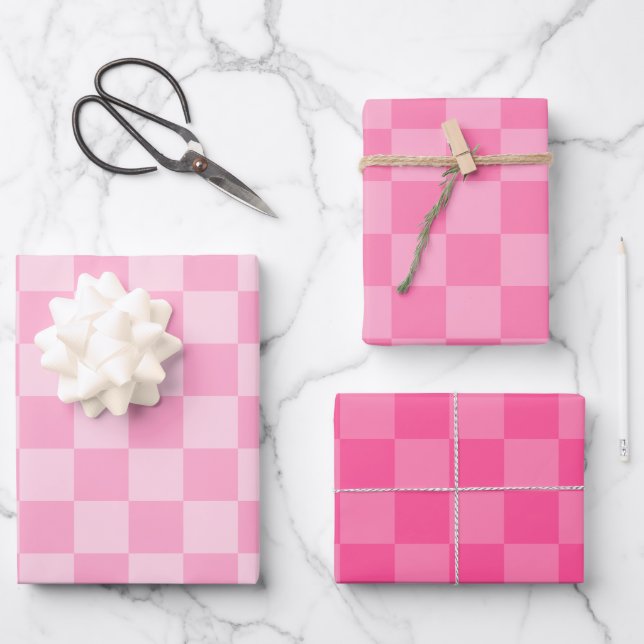 Pink Checked Pattern Wrapping Paper Sheets (Front)