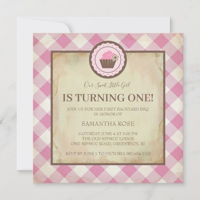 Pink Checker and Cupcake Birthday BBQ Invitation (Front)