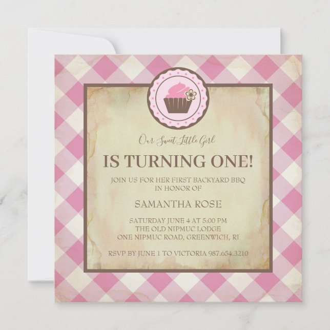Pink Checker and Cupcake Birthday BBQ Invitation (Front)
