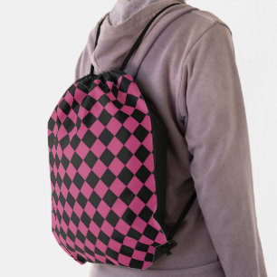 Pink Checker Diamond Pattern Drawstring Backpack