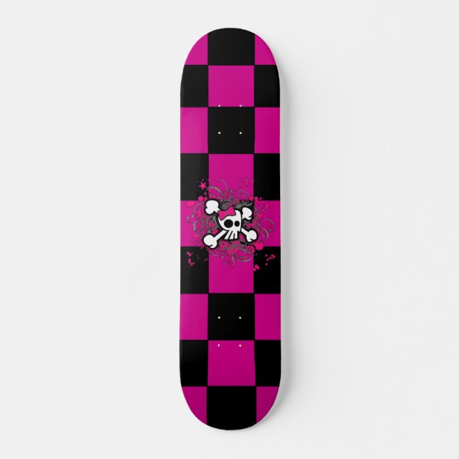 Pink Checker Girly Skull Skateboard (Front)