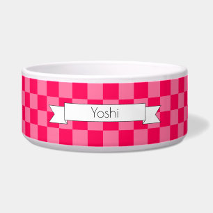 Pink checker with name - Ceramic Pet Bowl - HAMbWG