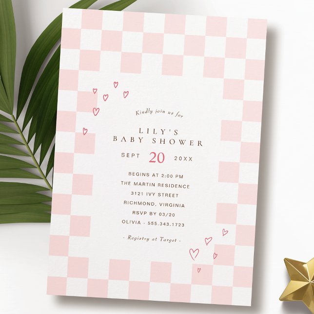 Pink Checkerboard | Cute Hearts Girl Baby Shower Invitation (Creator Uploaded)