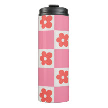 Pink Checkerboard Floral Travel Mug | Retro Flower