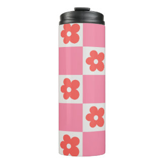 Pink Checkerboard Floral Travel Mug | Retro Flower